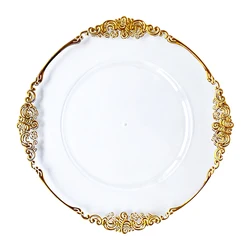 luxury cheap wholesale round transparent plastic reef silver rose gold rim beaded clear charger plates wedding decoration rustic