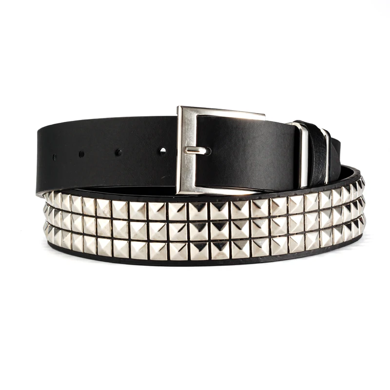 Studded Belt 3 Row Metal Pyramid  Square Beads Punk Leather Belt, Gothic Punk Pants Jeans Belt for Women Men