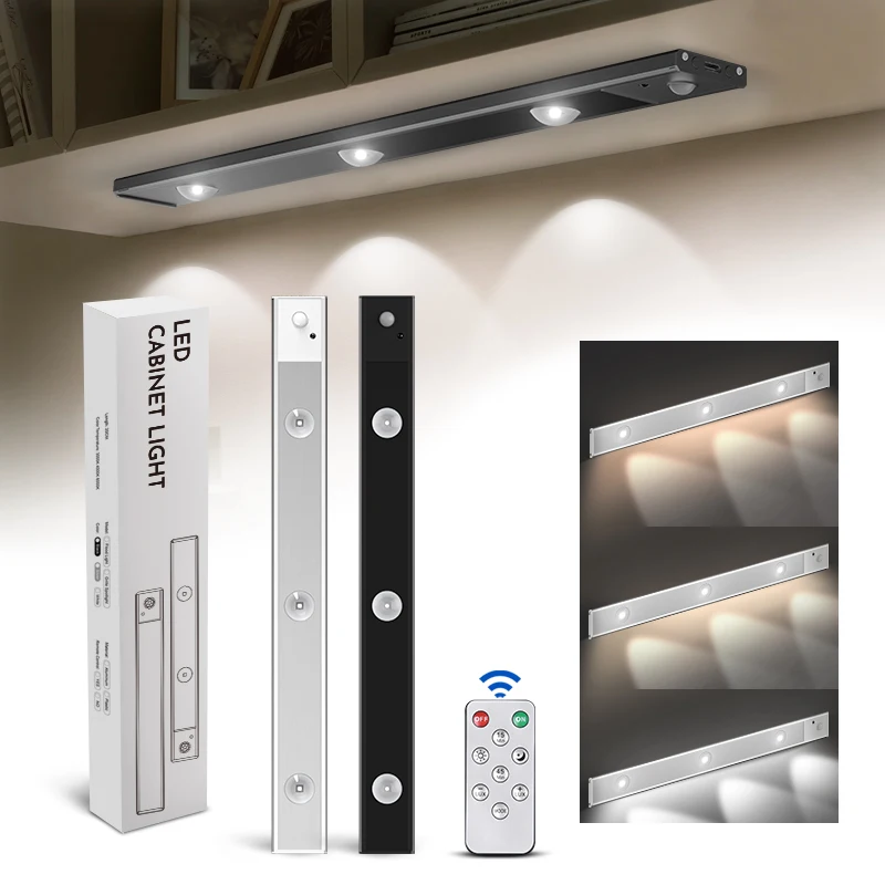 Black Aluminum USB LED Rechargeable Dimmable Operated Motion Sensor Under Counter Lights for Kitchen Stairs