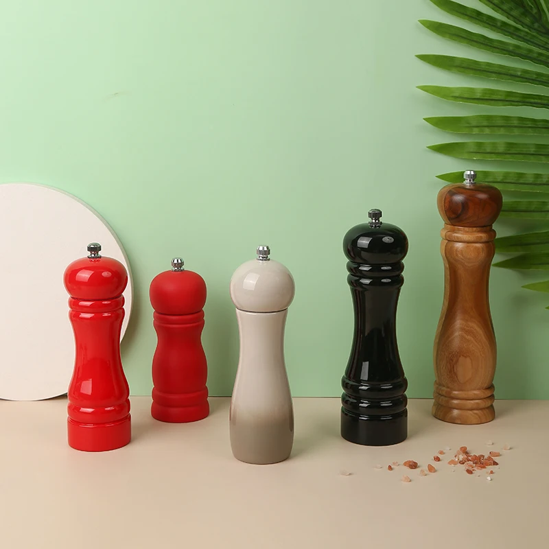  Multi Size Kitchen Spice Tools Rubber Wood Pepper Mill Salt Grinder with Ceramic Core Black Red White Color