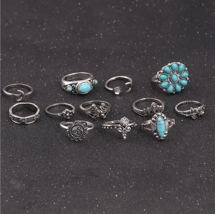 Alloy Retro Carved Turquoise Ring Sun Moon Joint Gem Set Women Fashion Boho