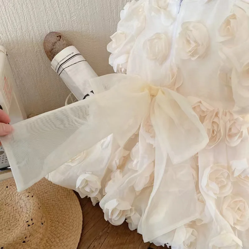 2024 New Flower Girls Party Dress Formal Long Sleeve Lace Ruffle Wedding Dress Children Short Sleeve Beige Kids Dress