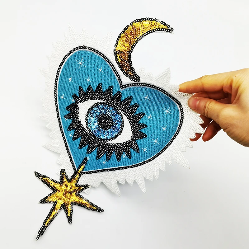 wholesale small MOQ medium size hot fix sequins patched iron on evil eye sequin embroidery patch for t-shirt