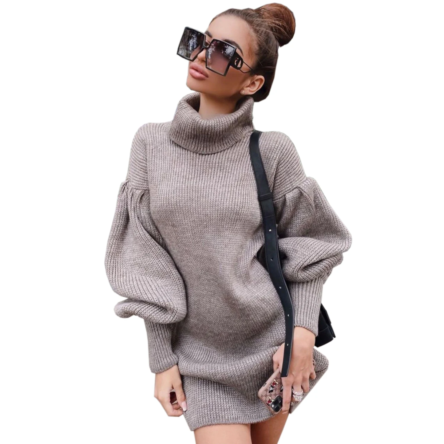 
Classic Casual Turtleneck Long Lantern Sleeve Well Knitted Sweater Dress for Women 