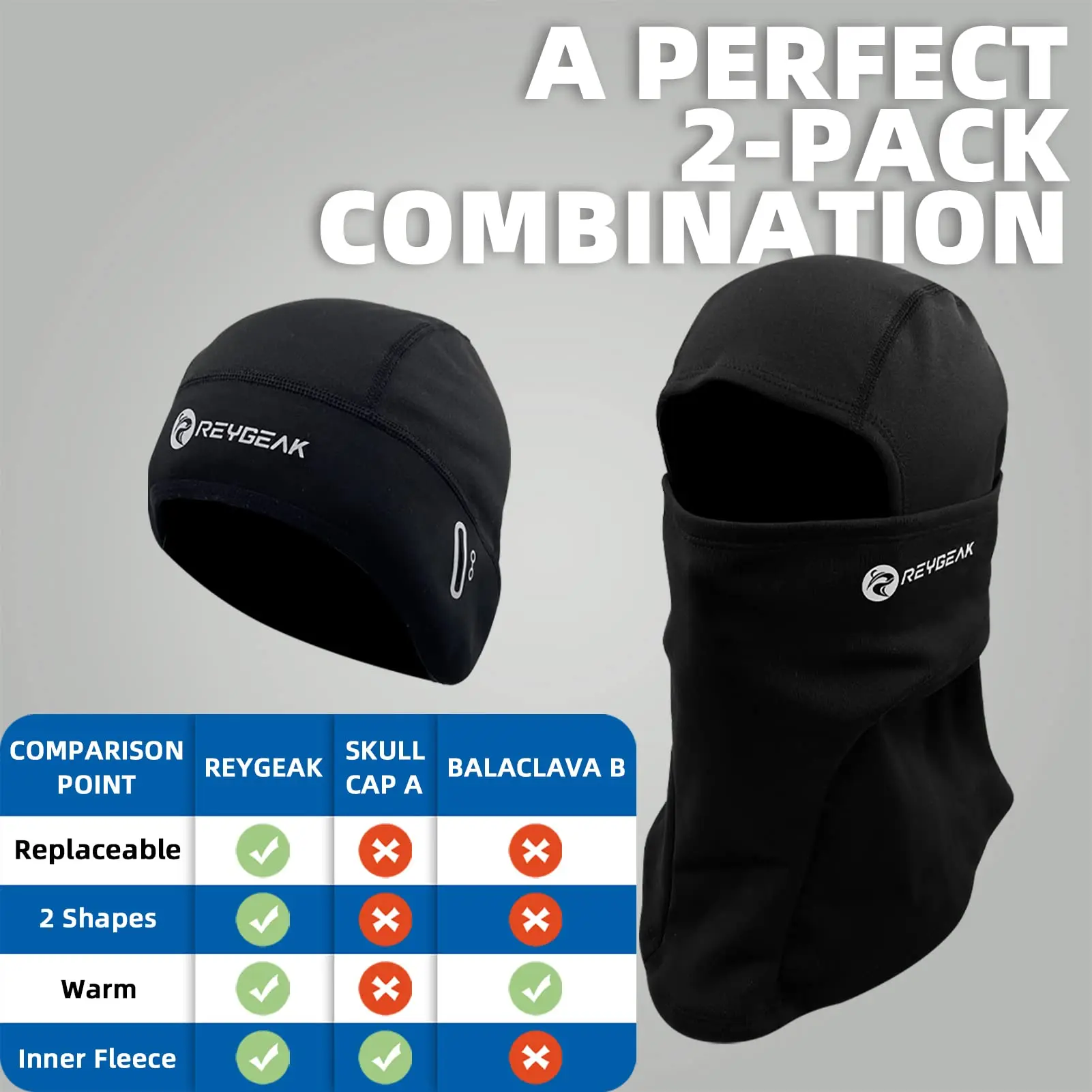 REYGEAK 2 Pack Skull Cap Helmet Liner and Balaclava Face Mask Ski Mask Winter Windproof Neck Warmer Cycling Skiing Hat Beanie