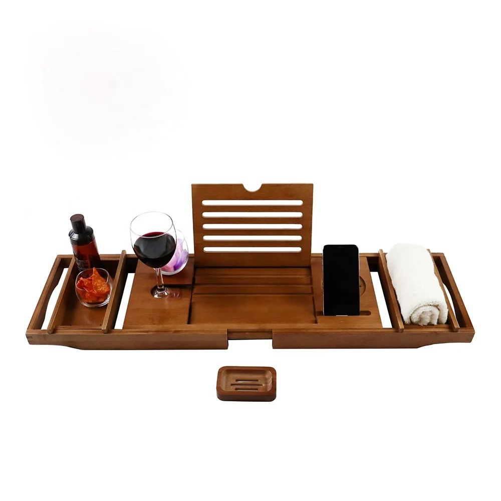 FLYWOD Bathroom Accessories  Bamboo Serving Tray Candle Holder Book Stand Soap Bathtub Caddy Tray Bamboo Bartub Tray