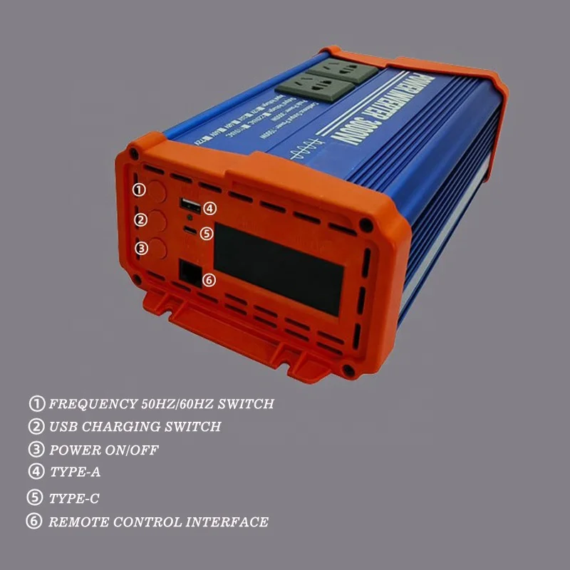 TYPE C Pure Sine Wave Inverter 1000W 3000W 3kw 3kva Home Battery Power DC 12V 24V 48V TO AC 110V 220V Color Display Converters