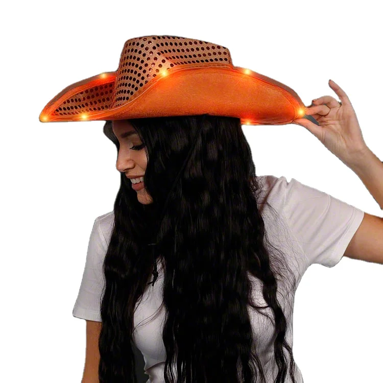 High Quality Bulk Light Up Glitter Western Party Concert Costume Unisex Cowboy Hats With LED Flashing Lights Adjustable Straps