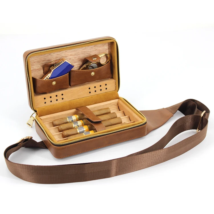 wholesale modern small  travel portable solid cigar box bag cedar leather  cigar case humidor