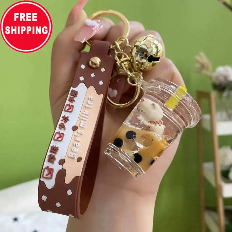 kawaii boba keychain liquid, teddy bear boba liquid keychain with animal, sparkly characters floating milk tea keychain