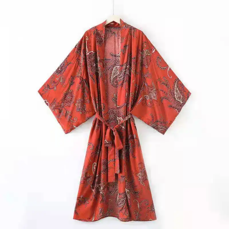 
100% Rayon Cotton Crane Print Long Kimonos Cover Ups Bikini Casual Long Duster Dresses 