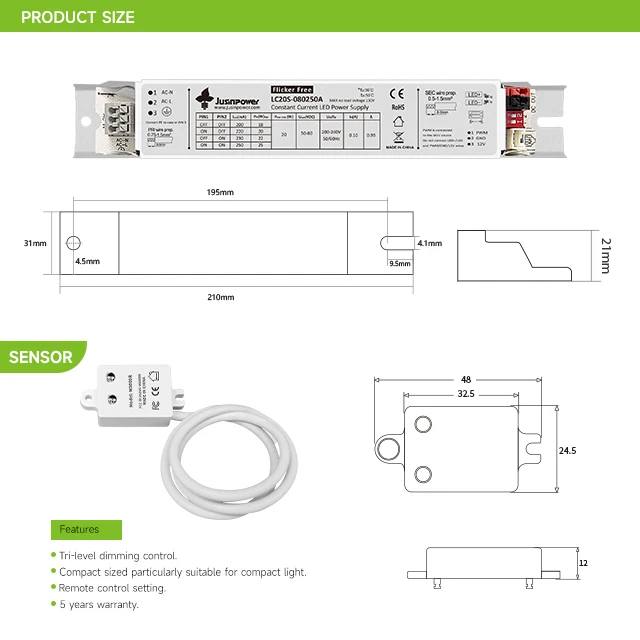 40W  led driver  tri-level dimming 12V dimmable PWM  with light controller sensor module led driver  light