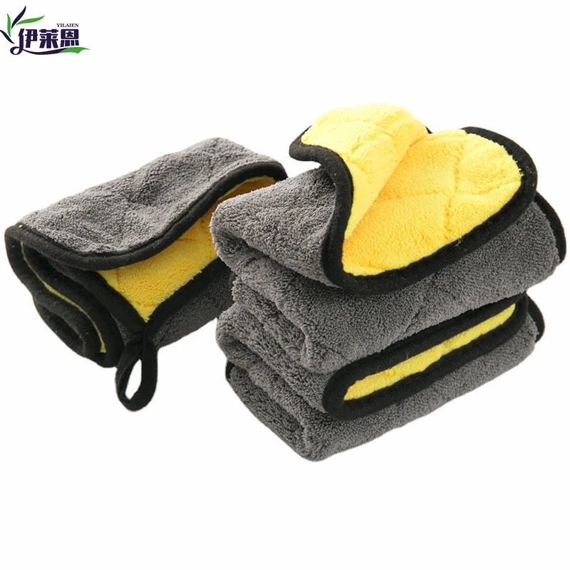 Microfiber diamond lattice towel yellow grey super absorbent coral fleece car towel 40*40 detailing car wash towel