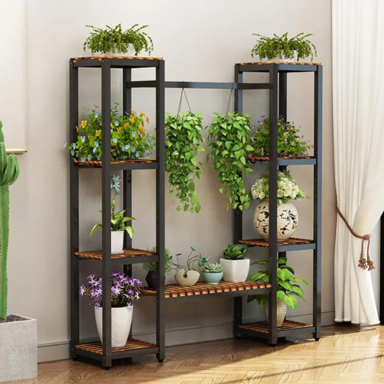 Simple Balcony Flower Stand Rack Wrought Iron Wood Multi-Layer Plant Rack