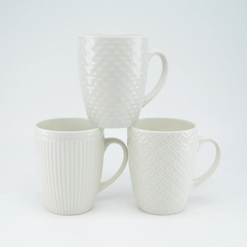 China Manufactures Ceramic Mug Cheap Plain White Ceramic Embossed Coffee Cups Mug