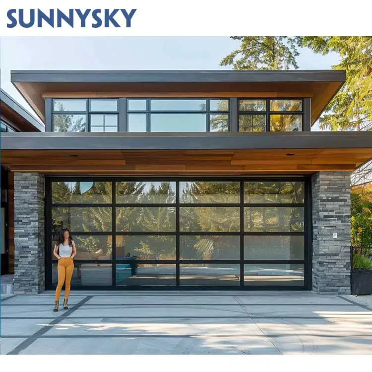 Sunnsky New Design Modern aluminum tempered full view glass garage door price mirror plexiglass panel garage doors