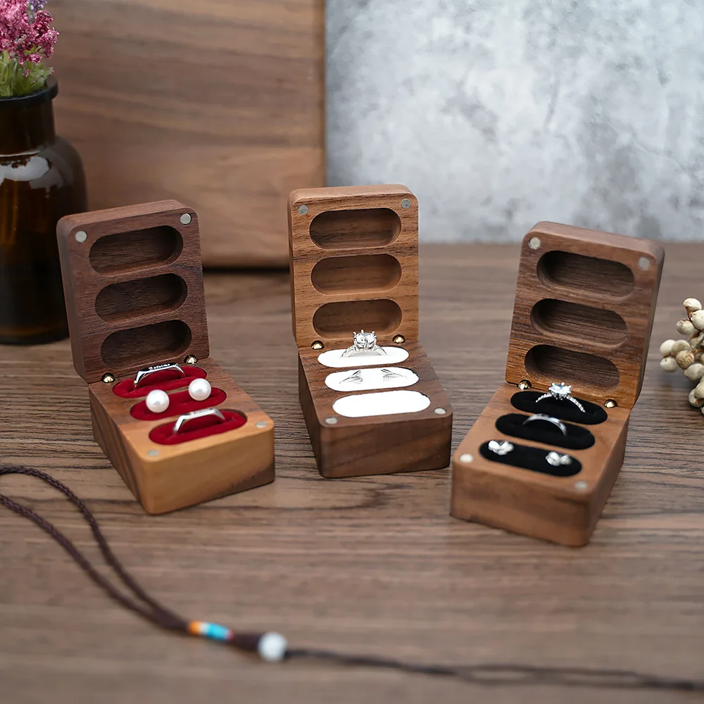 custom high quality Square Solid Wood wedding ring storage Box walnut wooden ring box with 3 slots