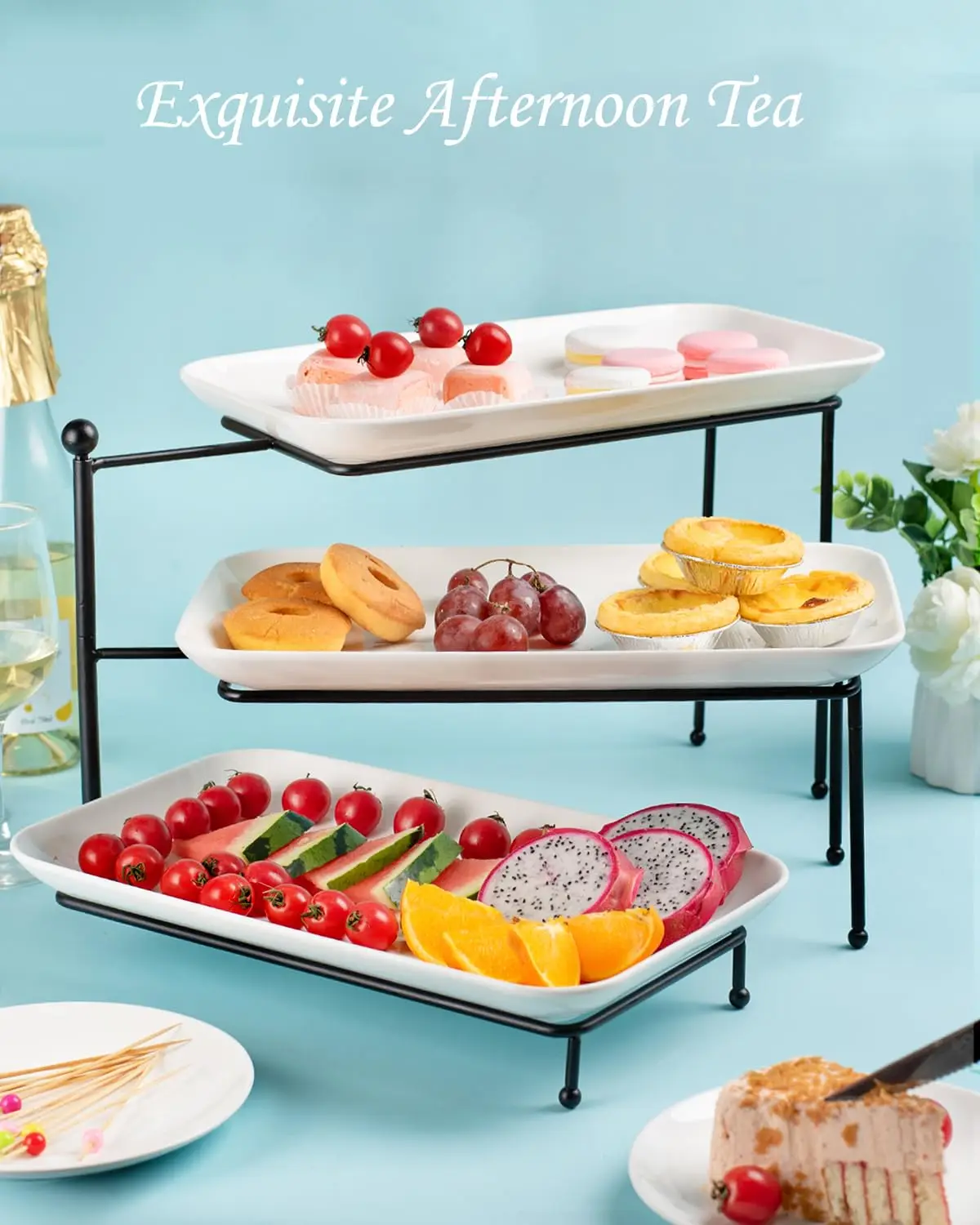 3 Tier Serving Tray with 14x8in Platters, Rotatable & Foldable Tiered Food Display Stand for Durable Serving Trays