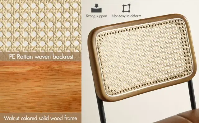 Wood Rattan Armless Rattan Back Black Wood Frame Dining Chairs Set of 2 Genuine Leather Upholstered Kitchen Chairs