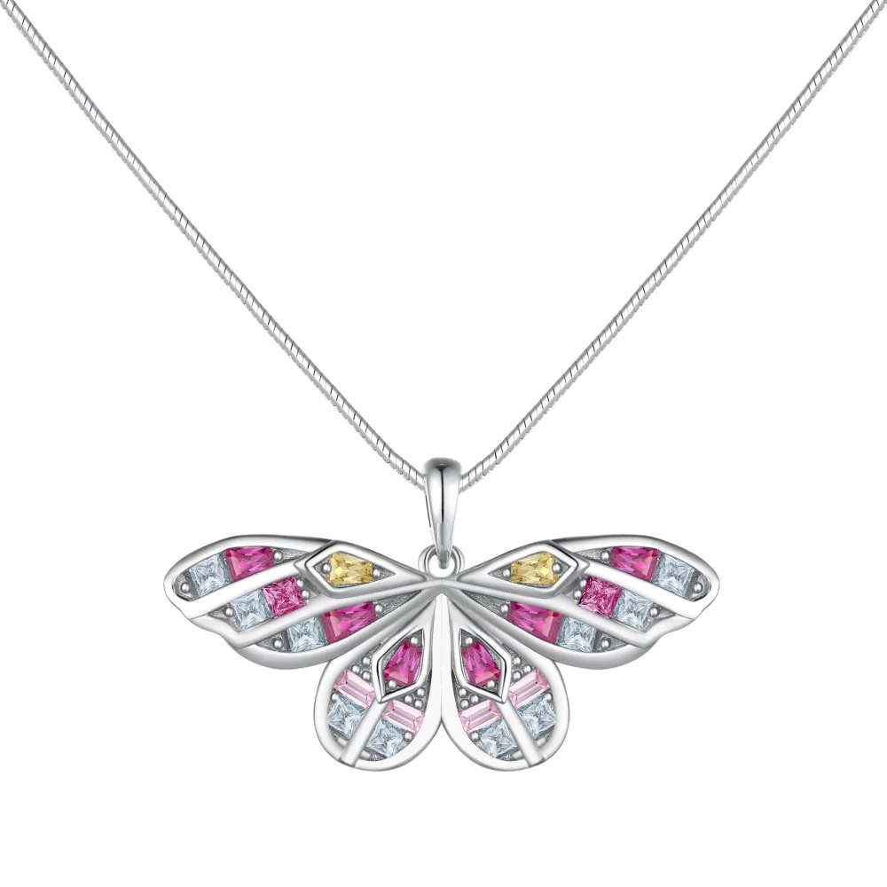 Dylam Exquisite Pink Dragonfly Pendants For Women Necklace Hollow Butterfly Snake Chain Link Colourful Cubic Zirconia Necklaces