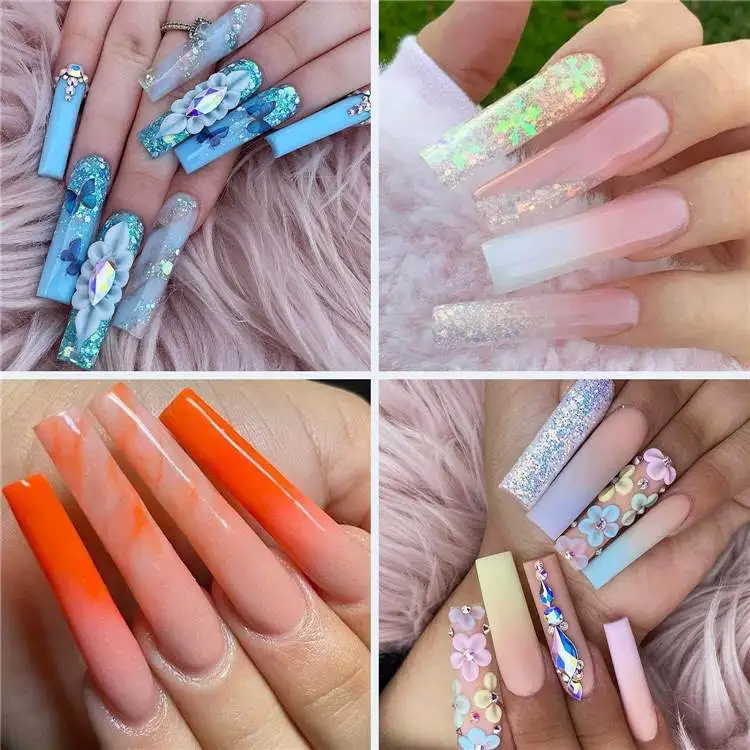 Wholesale Greencotton Hot Sale Long Ballerina Rhinestones Full Cover Press On Nails With Glue Artificial Fingernails