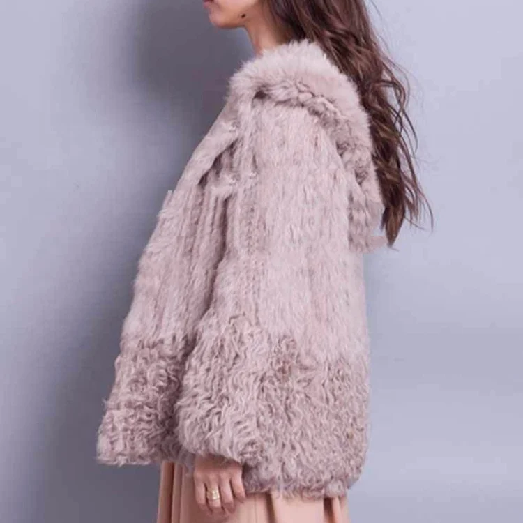 YR571 Fur Coat Knitted High Quality Fur Coat Winter Plus Size Knitted Women  Coat With Lamb Fur Jacket Hooded