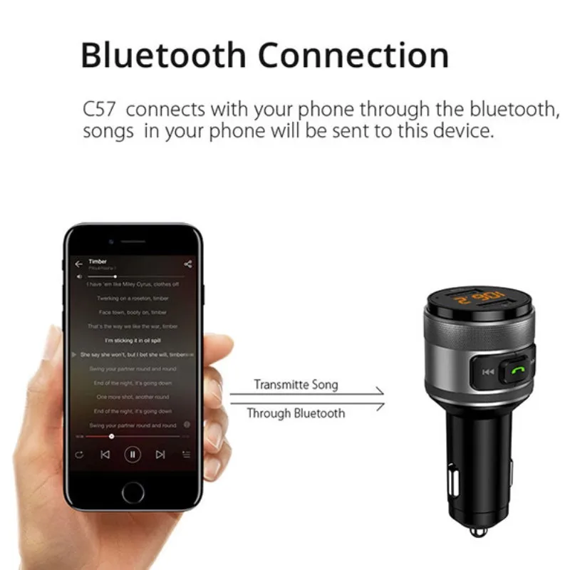 C57 Bluetooth V5.0 Автомобильный MP3-плеер QC3.0 с двумя портами USB Handsfree автомобильный комплект прикуриватель адаптер Автомобильное зарядное устройство FM-передатчик