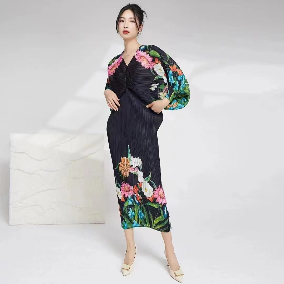 High Quality  Large Size Plus Size Bat Sleeve Boutique Floral Dresses African Print  Women Slim Midi Pencil Pleated Dress