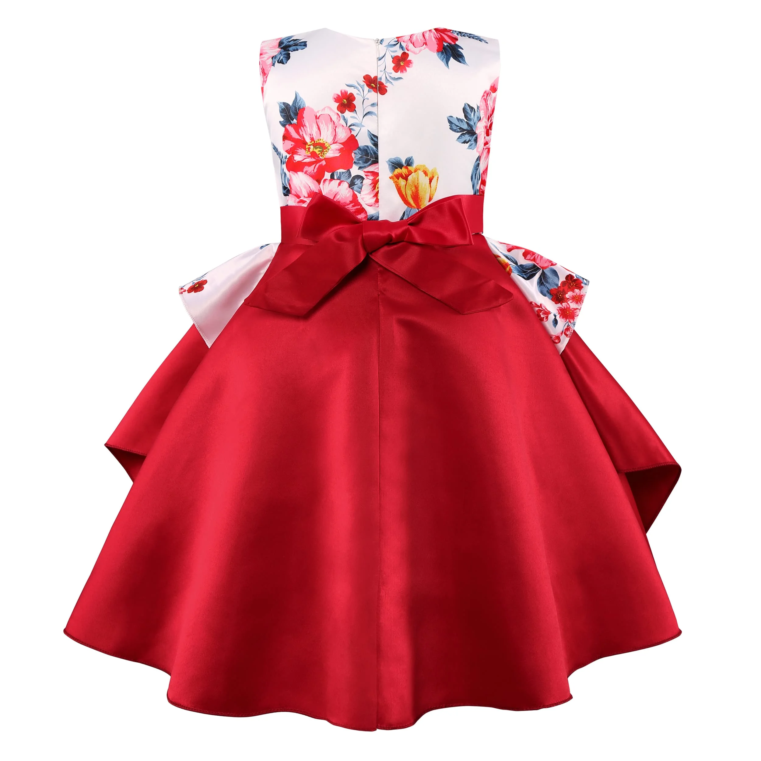 Kids Girls Summer Floral Print  Dress With Bow Cotton Material For Wedding Evening Party Dress Flower Girl Dress