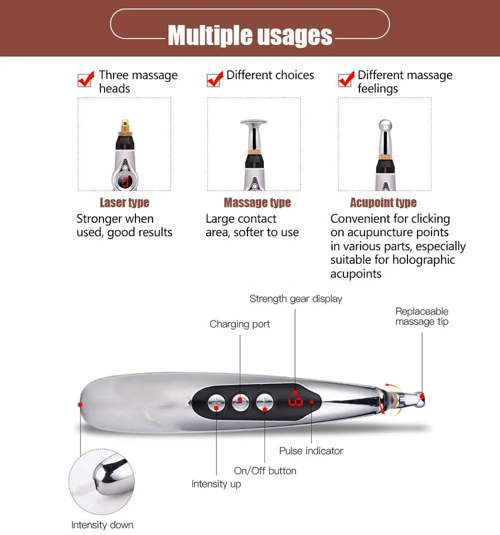 Electronic Accupressure Pen USB Rechargeable Pain Relief  Meridians Energy  Massager Pen Massage Tool with 3 Massage Head