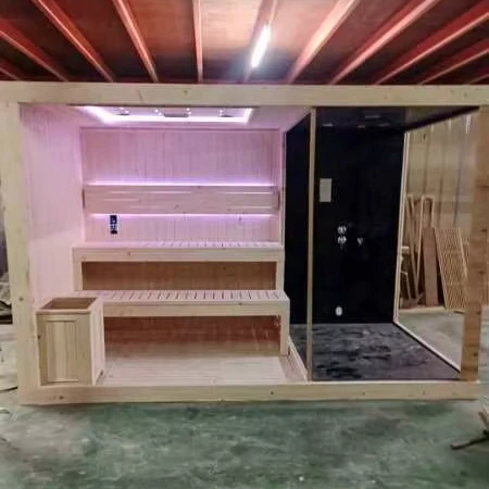 Canadian hemlock wood shower wet steam room 6 people Harvia electric heater traditional sauna room