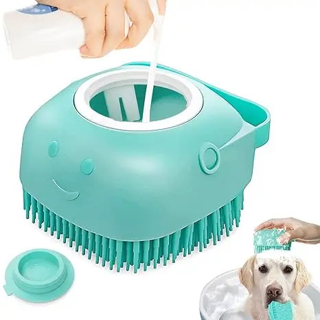 Dog Cat Shower Brush with Soap and Shampoo Dispenser Dog Grooming Brush Massage Brush Soft Silicone Bristles for Short Haired