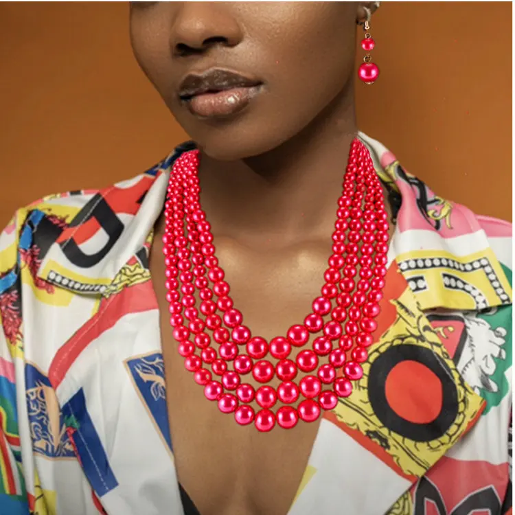Wholesale 6 Colors 4 Layered Resin Pearl Beads African Nigeria Indian Bridal Necklace Earring Set For Wedding