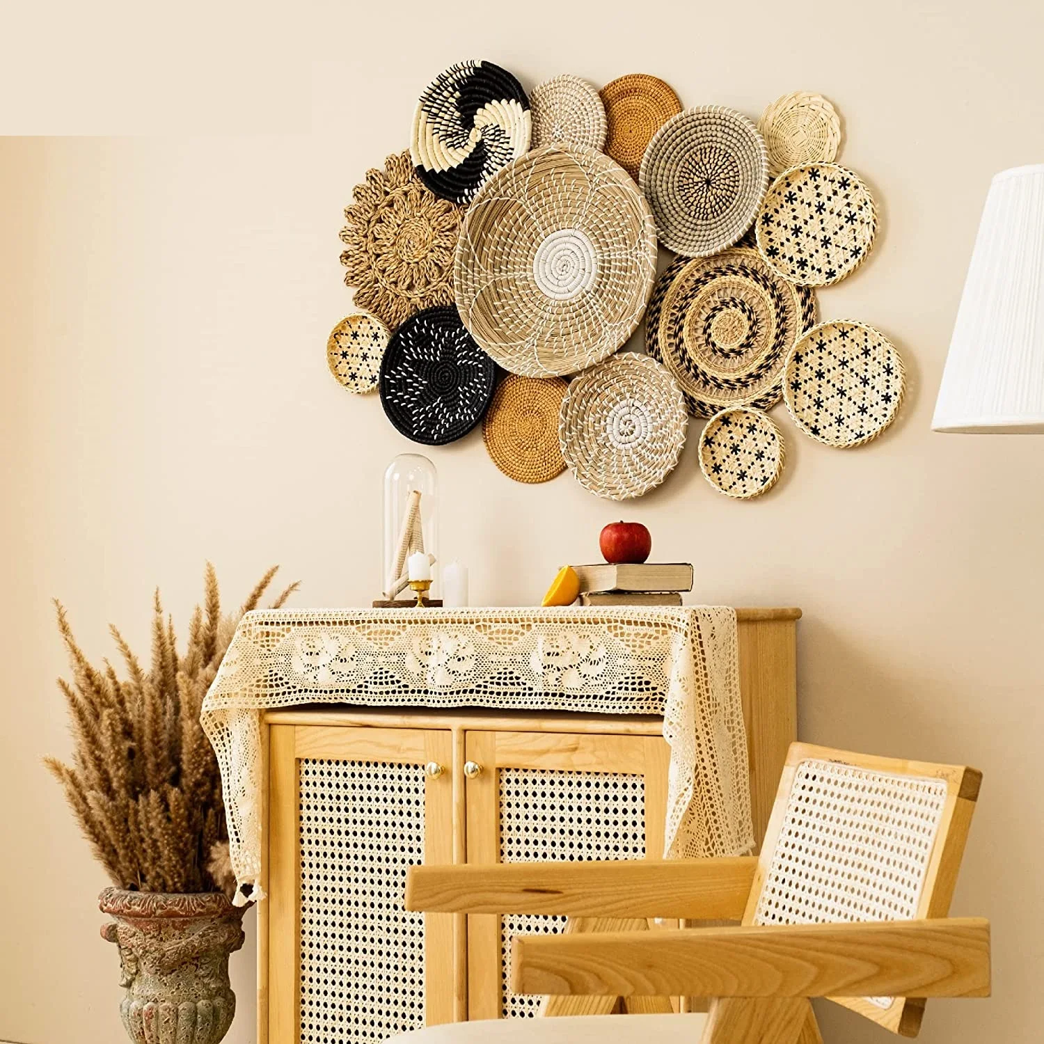 BOHO Round Decorative Handmade Baskets Rattan Wall Decors Art for Boho Farmhouse Hanging Woven Seagrass Wall Basket Decor Set