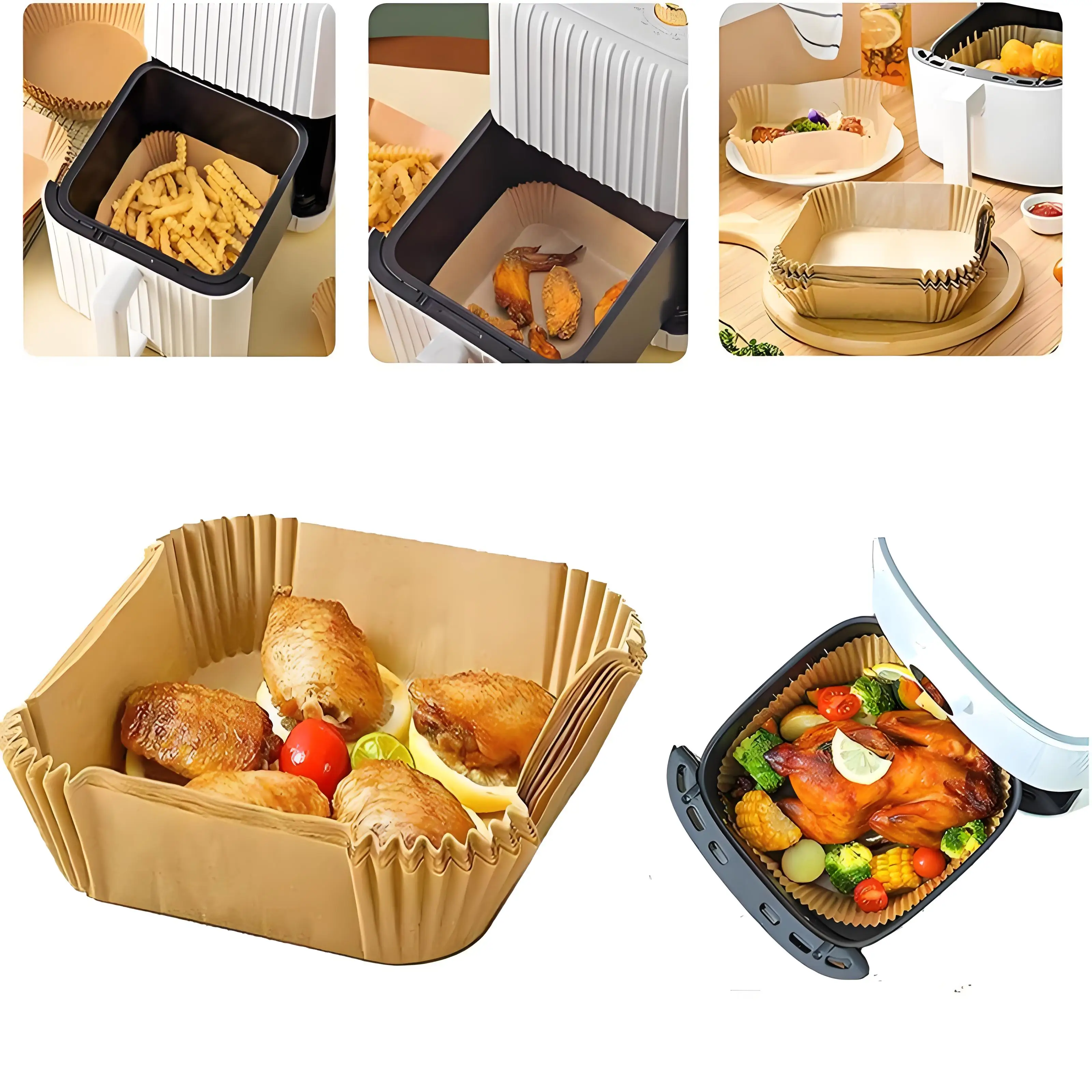 Large Air Fryer Disposable Paper Liners Square 9 Inch For Baking Roasting Microwave Barbecue Wood Pulp Double Sides Silicone Oil