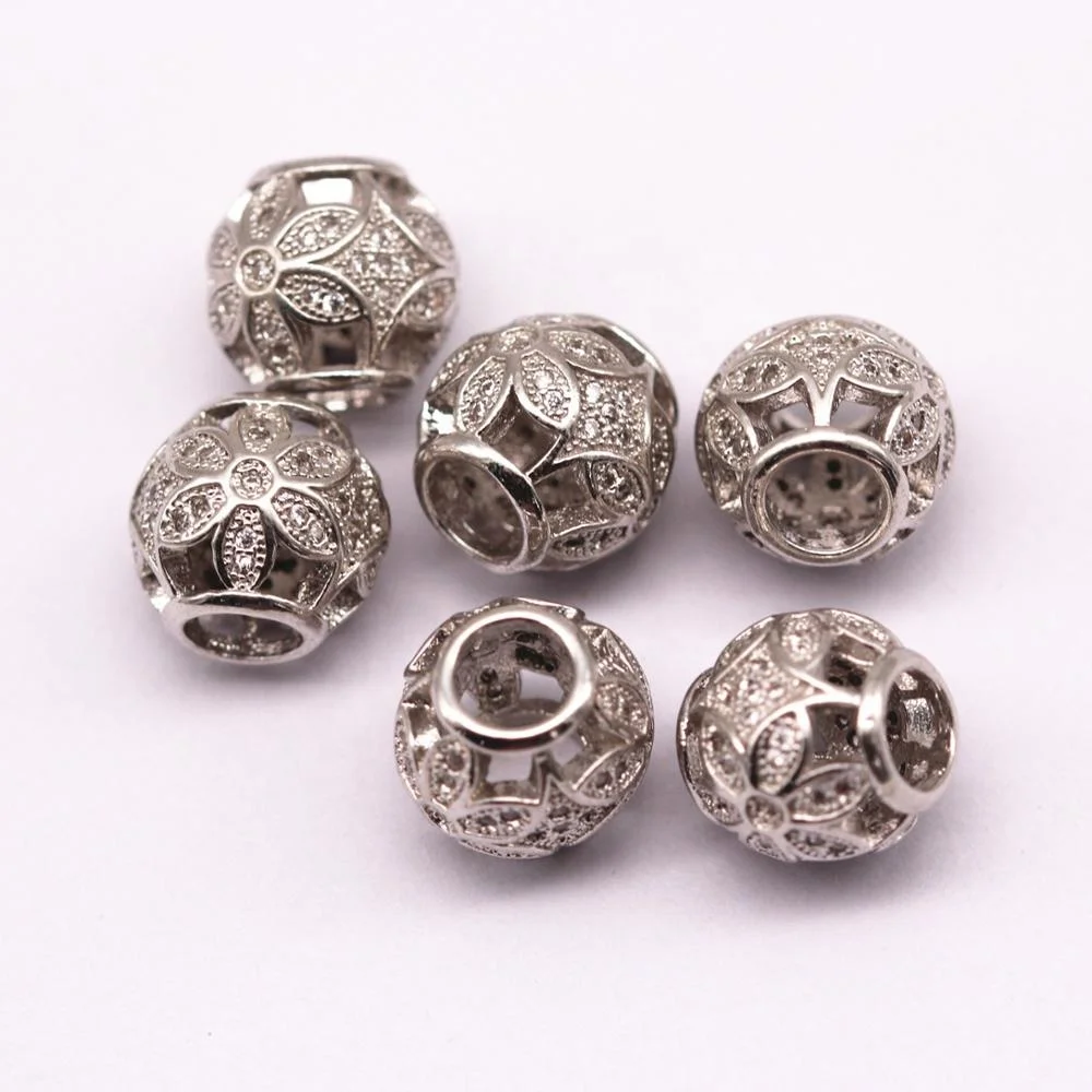 Silver Plated Large Hole Ball Shape Hollow Copper Charm Spacer Beads