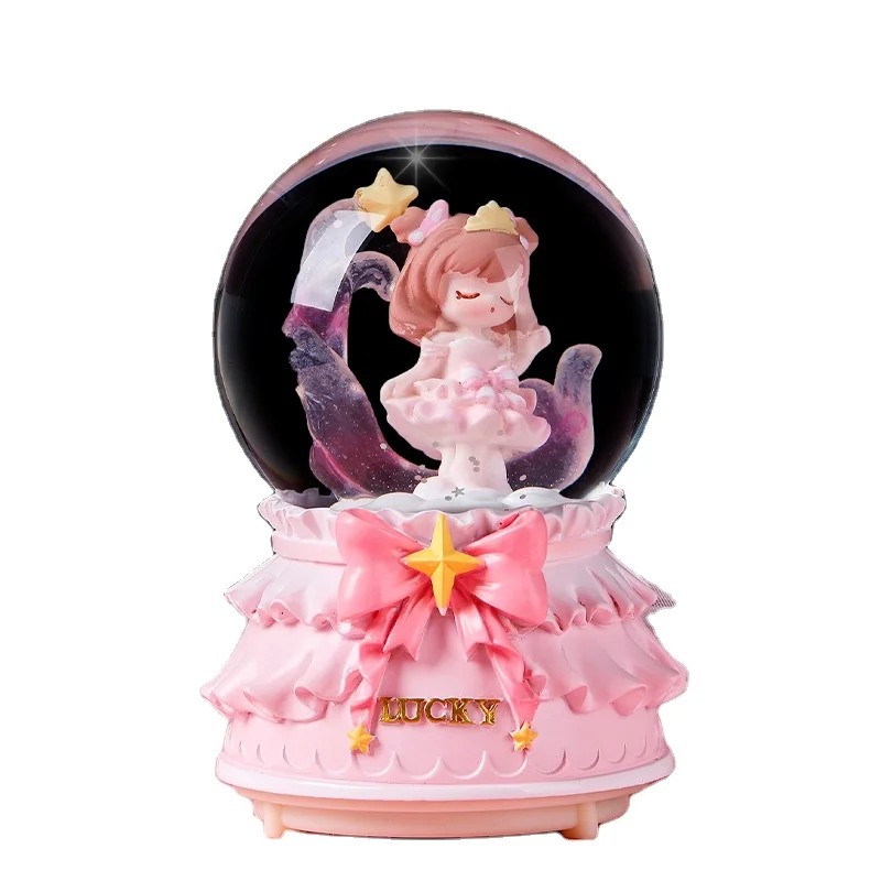 High Quality Cute Girl Queen Spaceman Theme Colourful Light Automatic Snowing And Spin Merry-go-round Music Box Crystal Ball