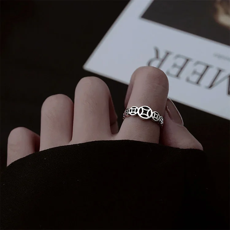 Fashionable Light Luxury Hollow Copper Coin Open Ring s925 Pure Silver Ring Cool Style Female Ring Handmade Jewelry