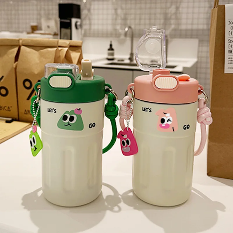 Md128 New 316 Stainless Steel Thermos Cup Cute Cartoon 500Ml Tumblers Portable Double Drinking Straw Coffee Cup  For Girls