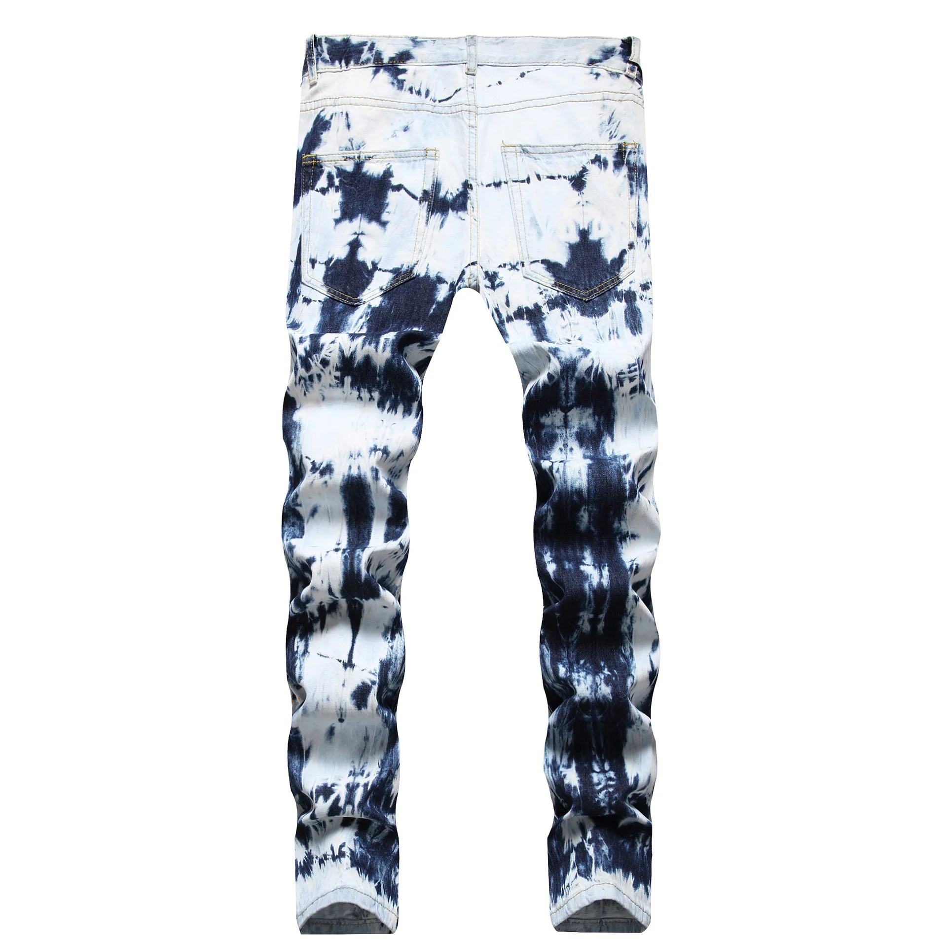 Blue Ripped Jeans for Man Hand Tie Bleached Color Ink Patch Camo Cloth Straight Leg Jeans