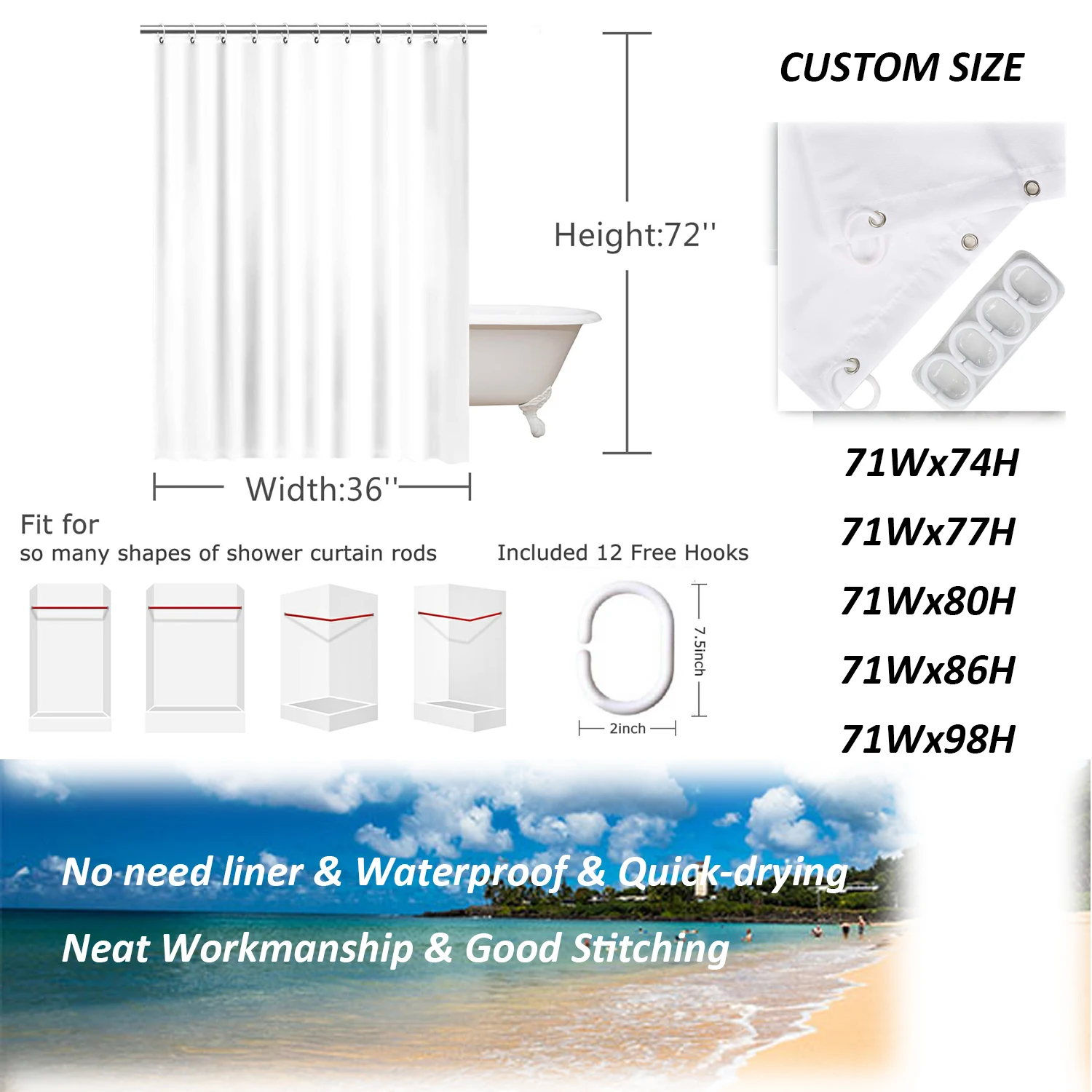 Manufacture of Puakenikeni Flowers Shower Curtain, Ready To Ship Bath Curtain With Hooks/