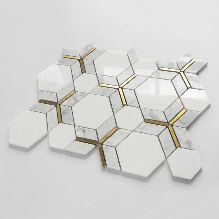 Натуральный Мрамор белая Каррара алмазная шестиугольная мозаичная плитка полированная латунная мраморная для ванной комнаты напольная