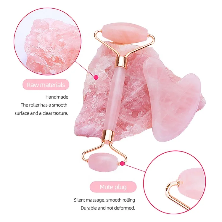 High Quality Pink Jade Roller Face Massage Roller Jade Guasha Stone Hot Selling Jade Roller Guasha Set