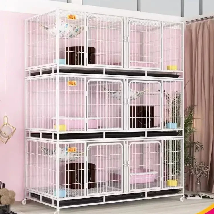 Zunhua meihua iron pet breed cage provide suitable living conditions stainless Steel Wire 6-Door 3-Layer Cat Cage With Wheels