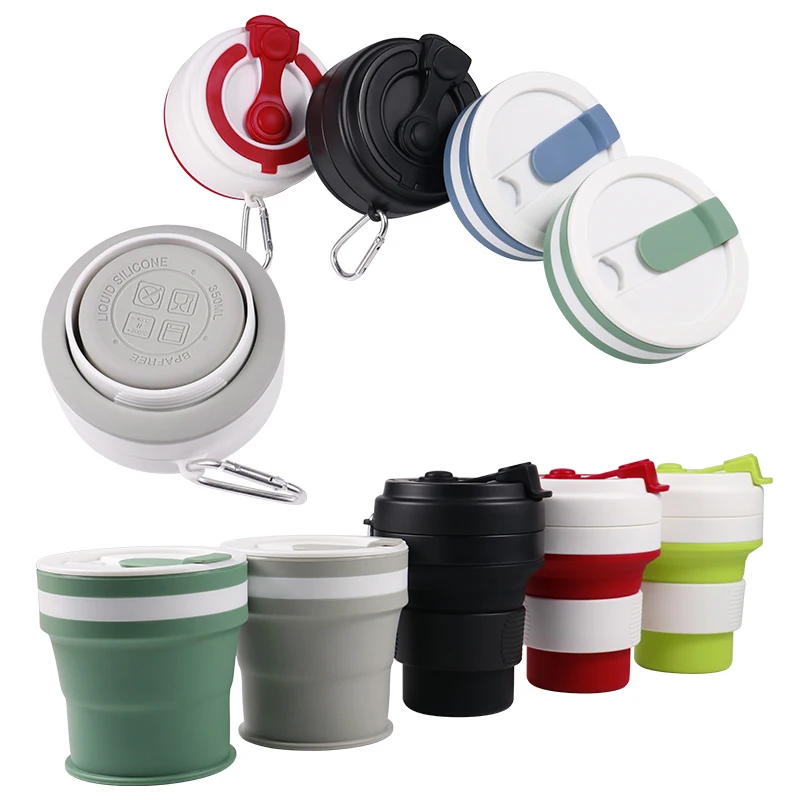 100% Food Grade Silicone Cup Unbreakable Collapsible Travel To Go Cup Mug Folding Silicone Cup With Lid 350ML for Promotion Gift