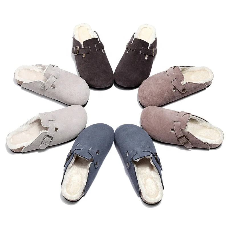Winter Indoor Outdoor Warm Plush Lined Slip-on Closed-toe Shoes Slippers Faux Fur Lining Cork Clogs