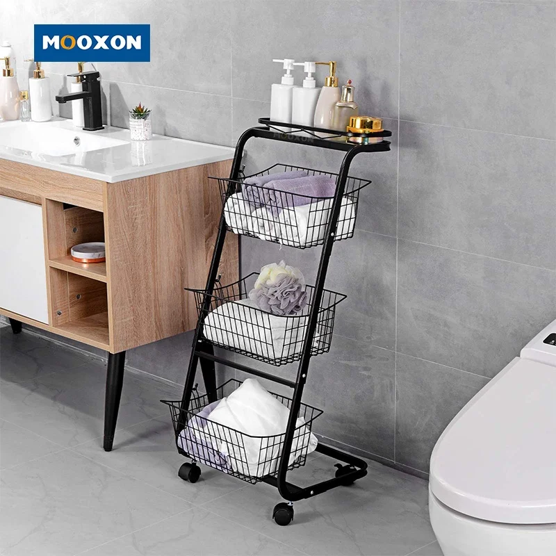 Multifunctional Iron Mesh Wire Metal Rack Fruit Holder Shower Shelf Hanging Bathroom Storage Organizer Basket With Wheels