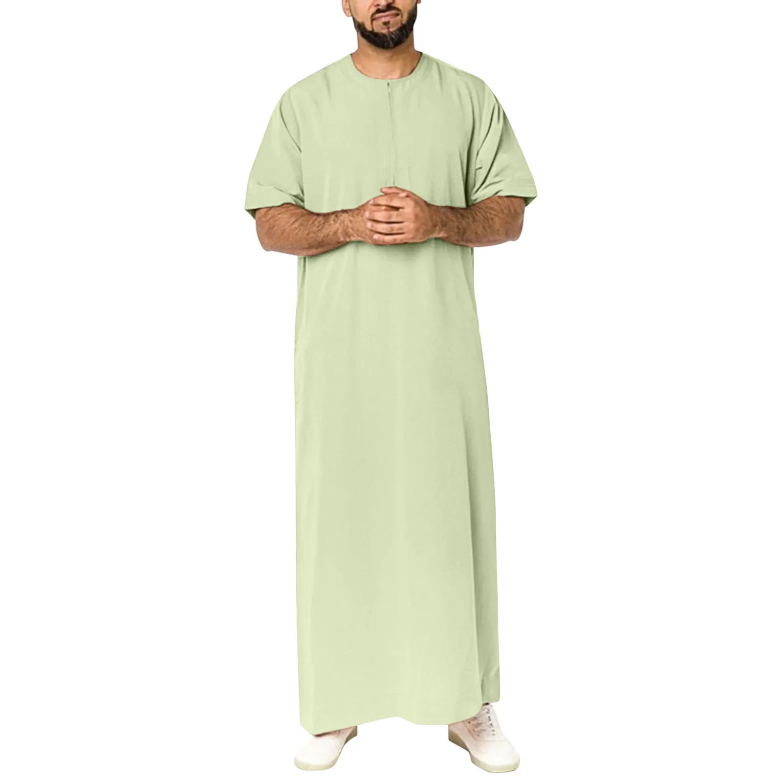 Wholesale Plus Size Half Sleeve Front Zipper Solid Color Men Muslim Abaya Robe Long Dress Arabic Thobe