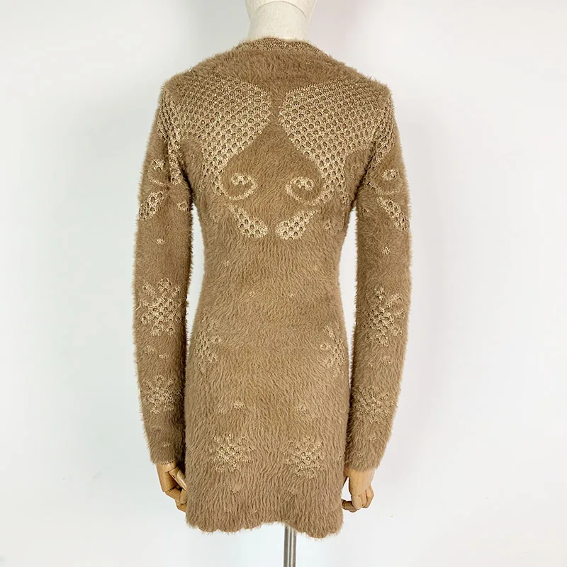 Custom Jacquard Winter Elderly Senior Aged Lady Fur Sweater with Button Sequins Thick Fleece Grandma Knit Cardigan for Women