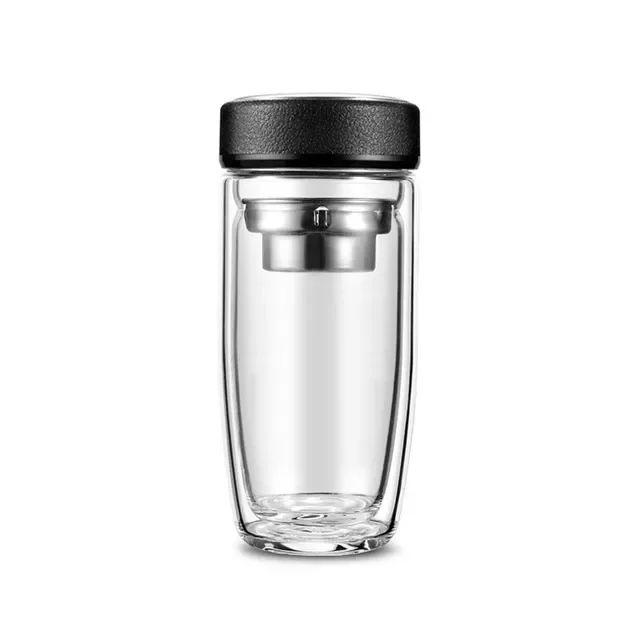 Custom Water Bottle With Stainless Steel 304 Infuser Cup Double Wall Borosilicate Glass tea Water Bottle With Tea Strainer